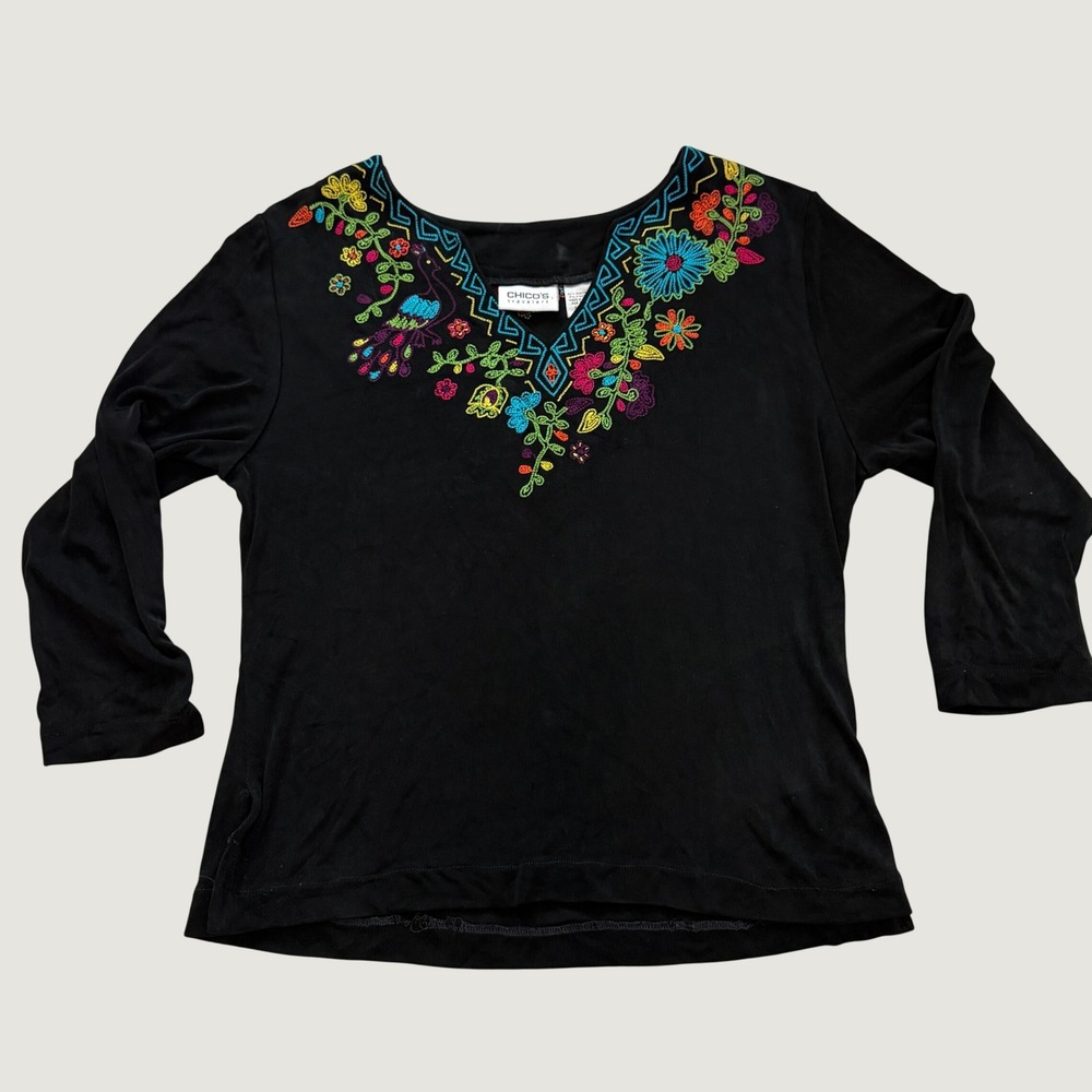 Chico's Travelers Womens Top Black Floral Peacock Embroidered V-Neck Size 2 L